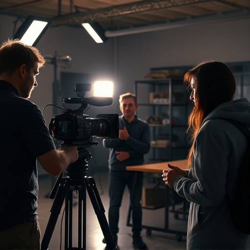 Estudantes filmando uma cena durante o curso de Atuaäão para Cinema e TV.